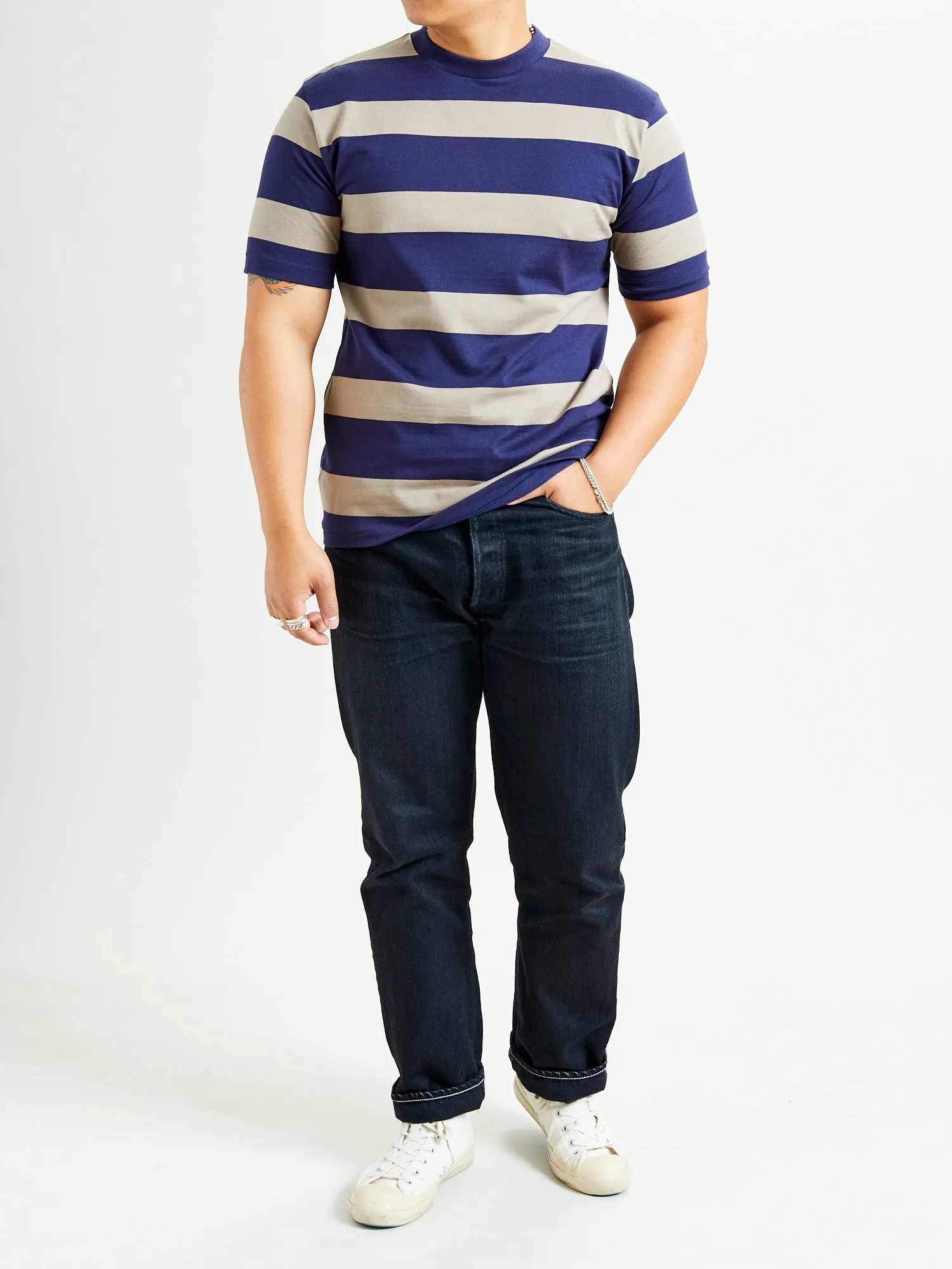 4089 Loopwheel Stripe Border Tee in Navy Grey