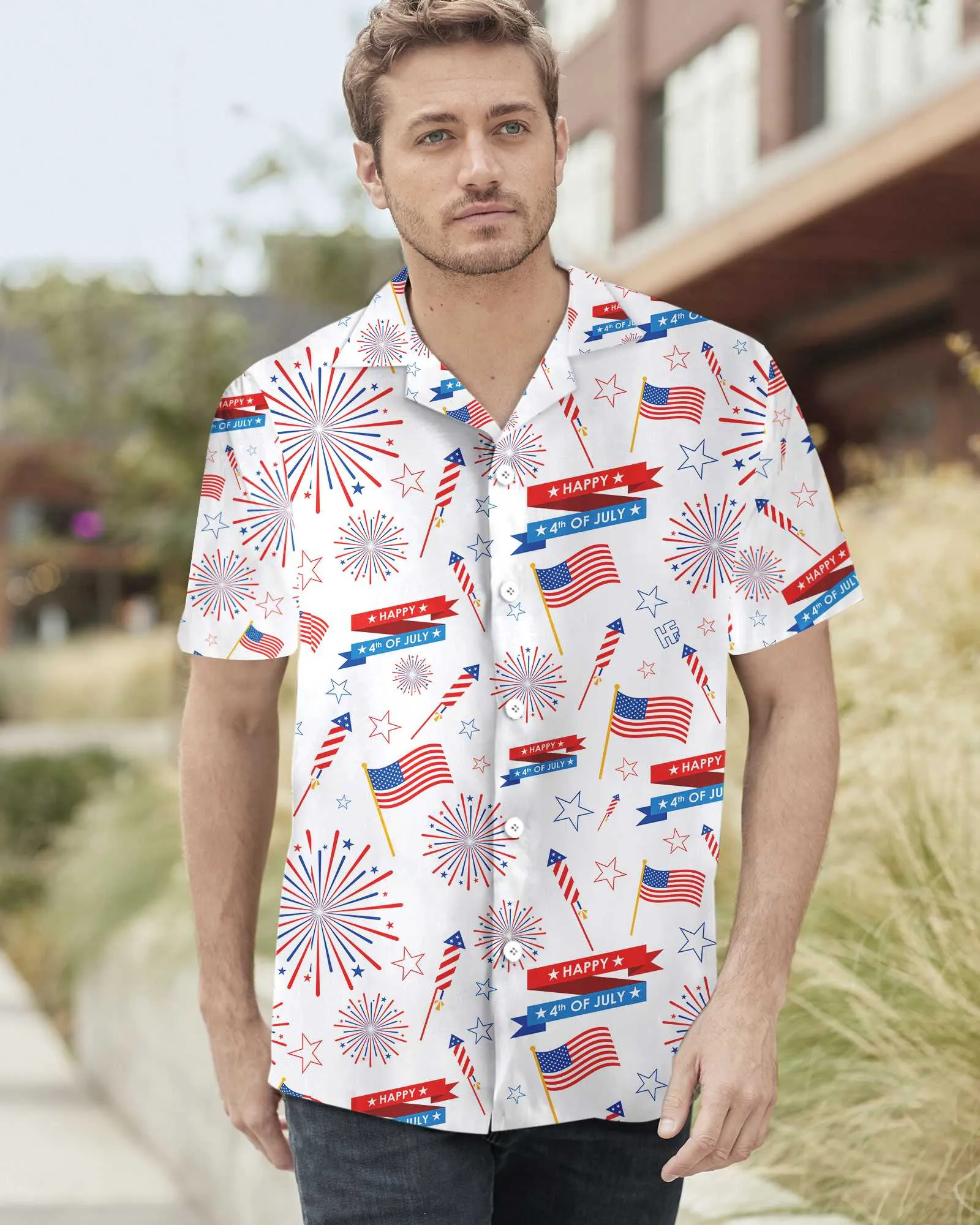 4th Of July America Flag Firework Pattern Hawaiian Shirt, Independence Day US Flag Aloha Shirt For Men, Perfect Gift For Patriots, Friends, Husband, Boyfriend, Family