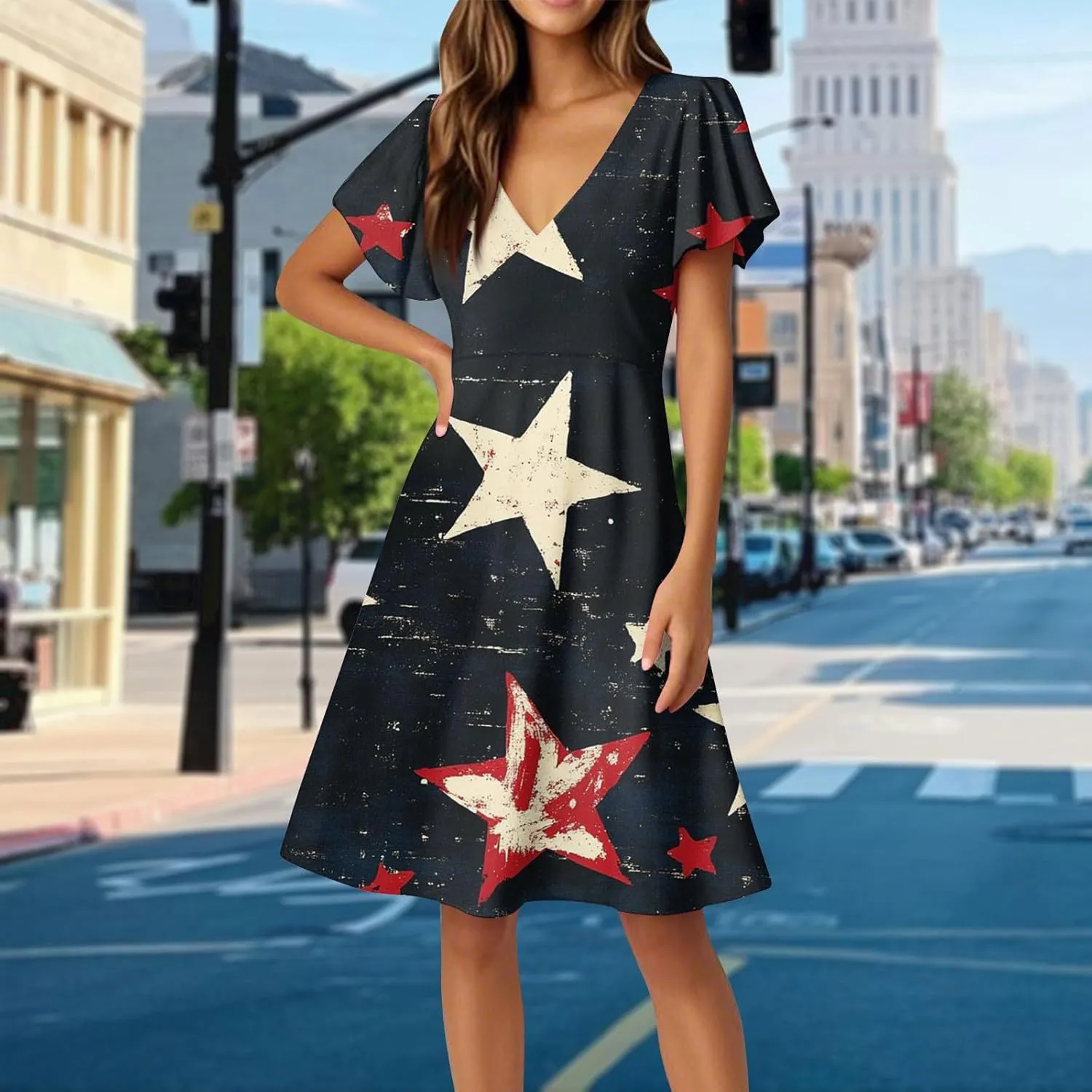 4Th of July Summer Midi Dress Women V Neck Short Sleeve A Line Red White and Blue Dress Patriotic American Flag Outfits
