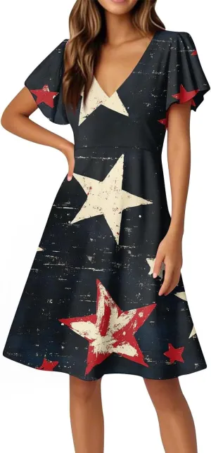 4Th of July Summer Midi Dress Women V Neck Short Sleeve A Line Red White and Blue Dress Patriotic American Flag Outfits