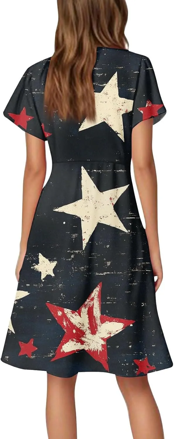 4Th of July Summer Midi Dress Women V Neck Short Sleeve A Line Red White and Blue Dress Patriotic American Flag Outfits