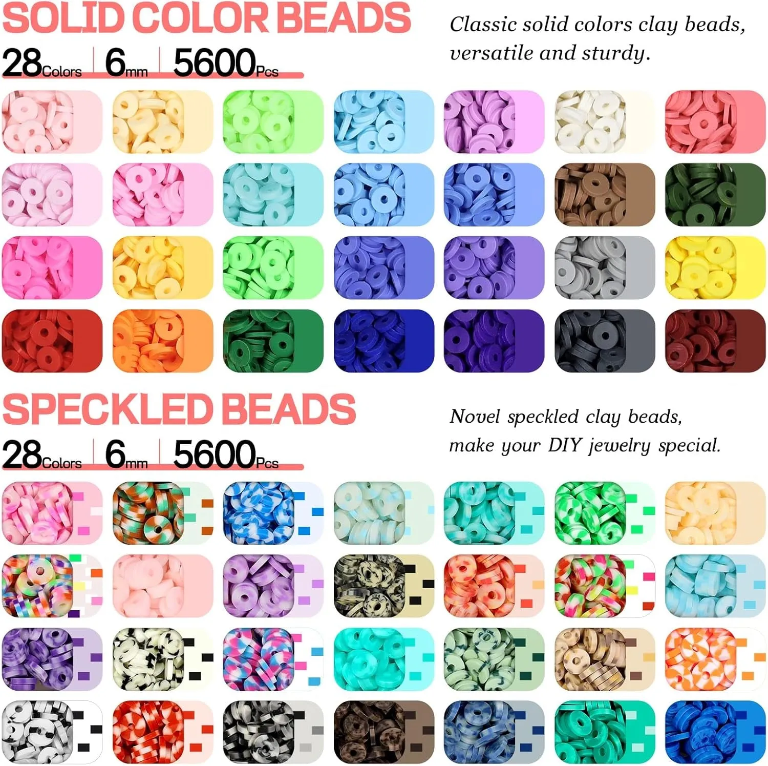 56  Colors Clay Beads for Bracelets Making, 11788Pcs Clay Bead Kit with 28 Kinds of Speckled & Mixed Colored Beads, 6Mm Heishi Beads Flat Polymer Clay Beads Kit with Letter Charms Jump Rings