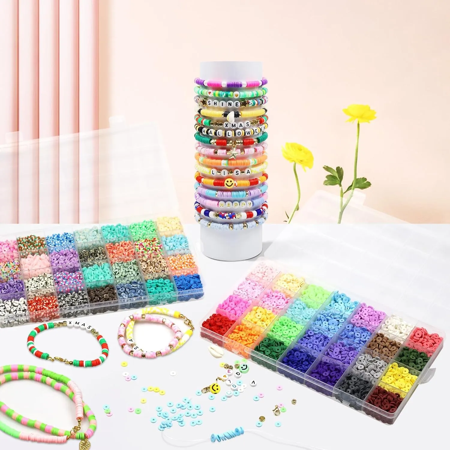 56  Colors Clay Beads for Bracelets Making, 11788Pcs Clay Bead Kit with 28 Kinds of Speckled & Mixed Colored Beads, 6Mm Heishi Beads Flat Polymer Clay Beads Kit with Letter Charms Jump Rings