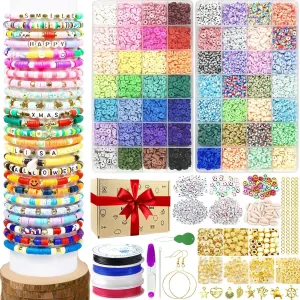 56  Colors Clay Beads for Bracelets Making, 11788Pcs Clay Bead Kit with 28 Kinds of Speckled & Mixed Colored Beads, 6Mm Heishi Beads Flat Polymer Clay Beads Kit with Letter Charms Jump Rings
