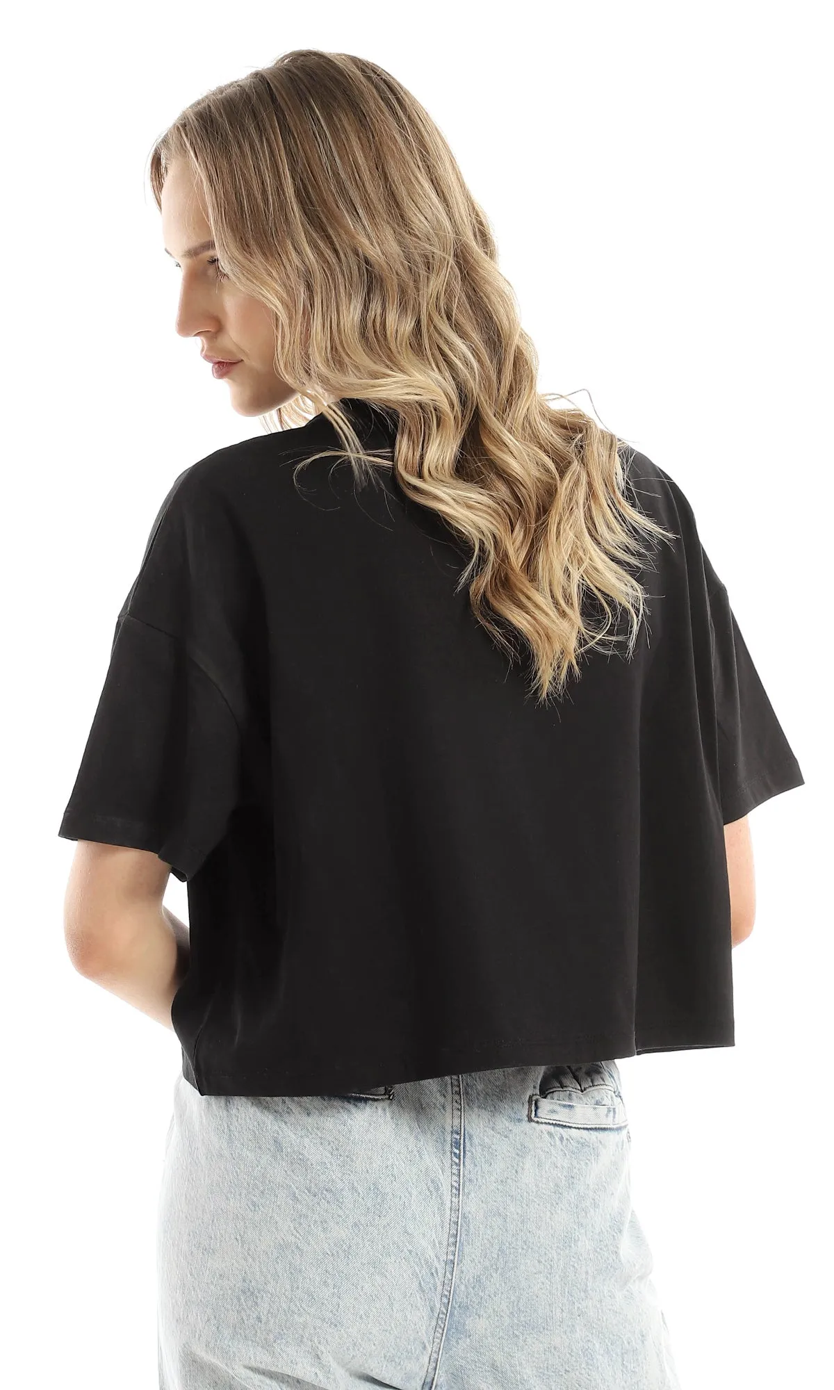 97667 Printed "Tiger" Crew Neck Drop Shoulders Black Cropped Tee