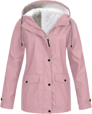 Active Hooded Rain Jackets Women's Fleece Lined Raincoat Waterproof Lightweight Outdoor Windbreaker Trench Rain Coats