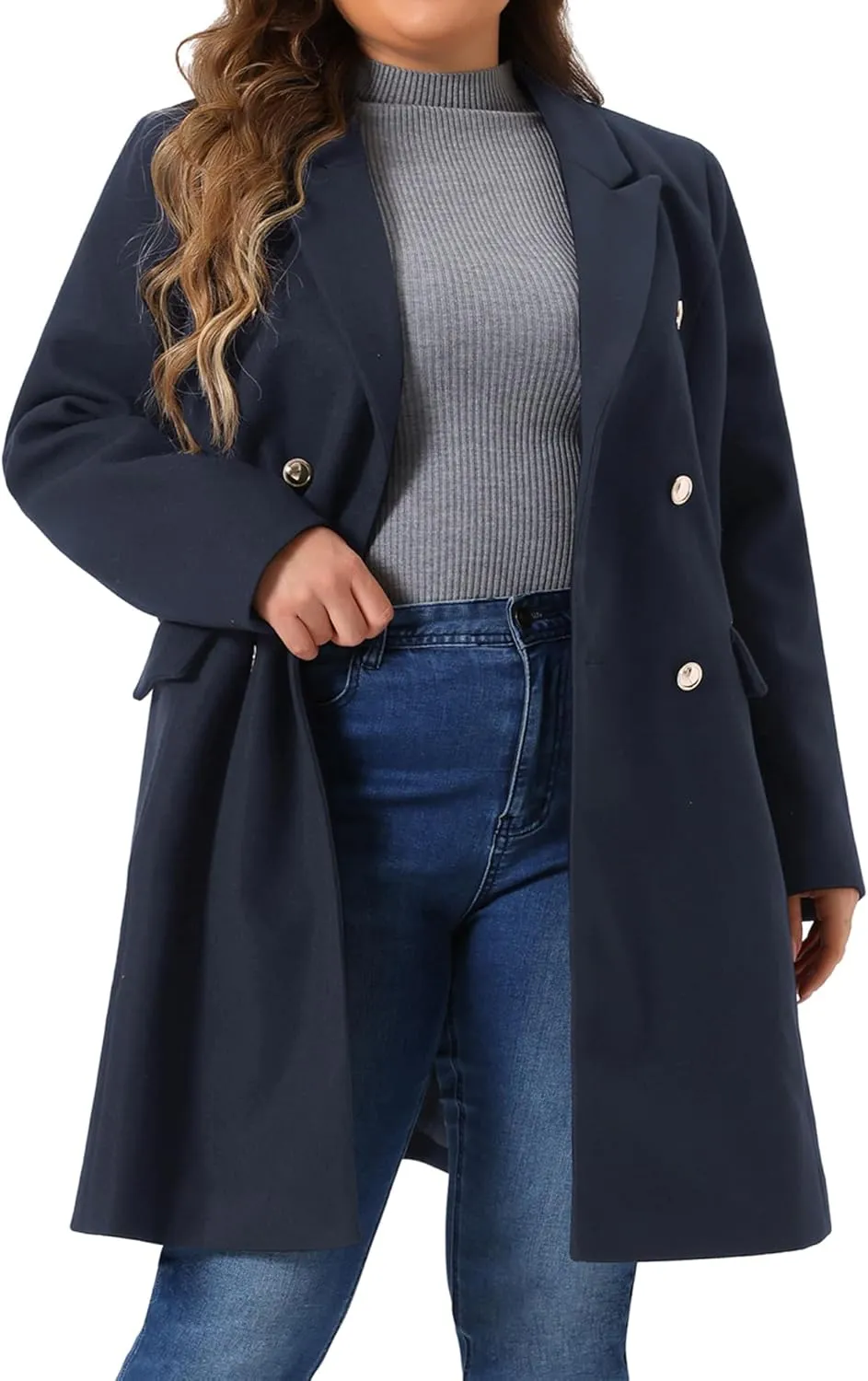 Agnes Orinda Plus Size Women Pea Coats Double Breasted Notch Lapel Elegant Winter Long Trench Coats