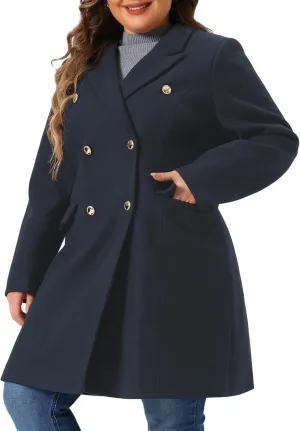 Agnes Orinda Plus Size Women Pea Coats Double Breasted Notch Lapel Elegant Winter Long Trench Coats