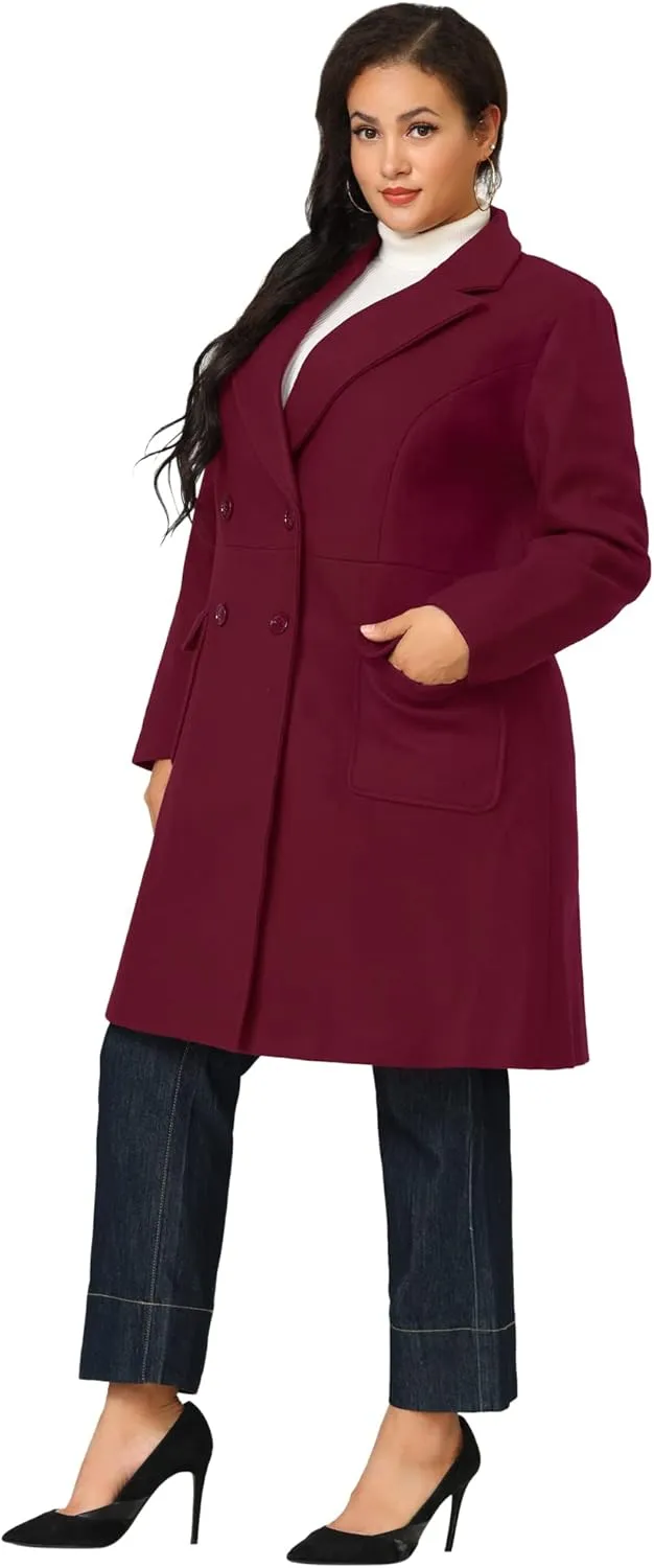 Agnes Orinda Women's Plus Size Long Winter Coats Notch Lapel Double Breasted Pea Trench Coats