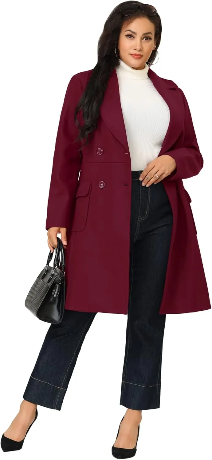 Agnes Orinda Women's Plus Size Long Winter Coats Notch Lapel Double Breasted Pea Trench Coats