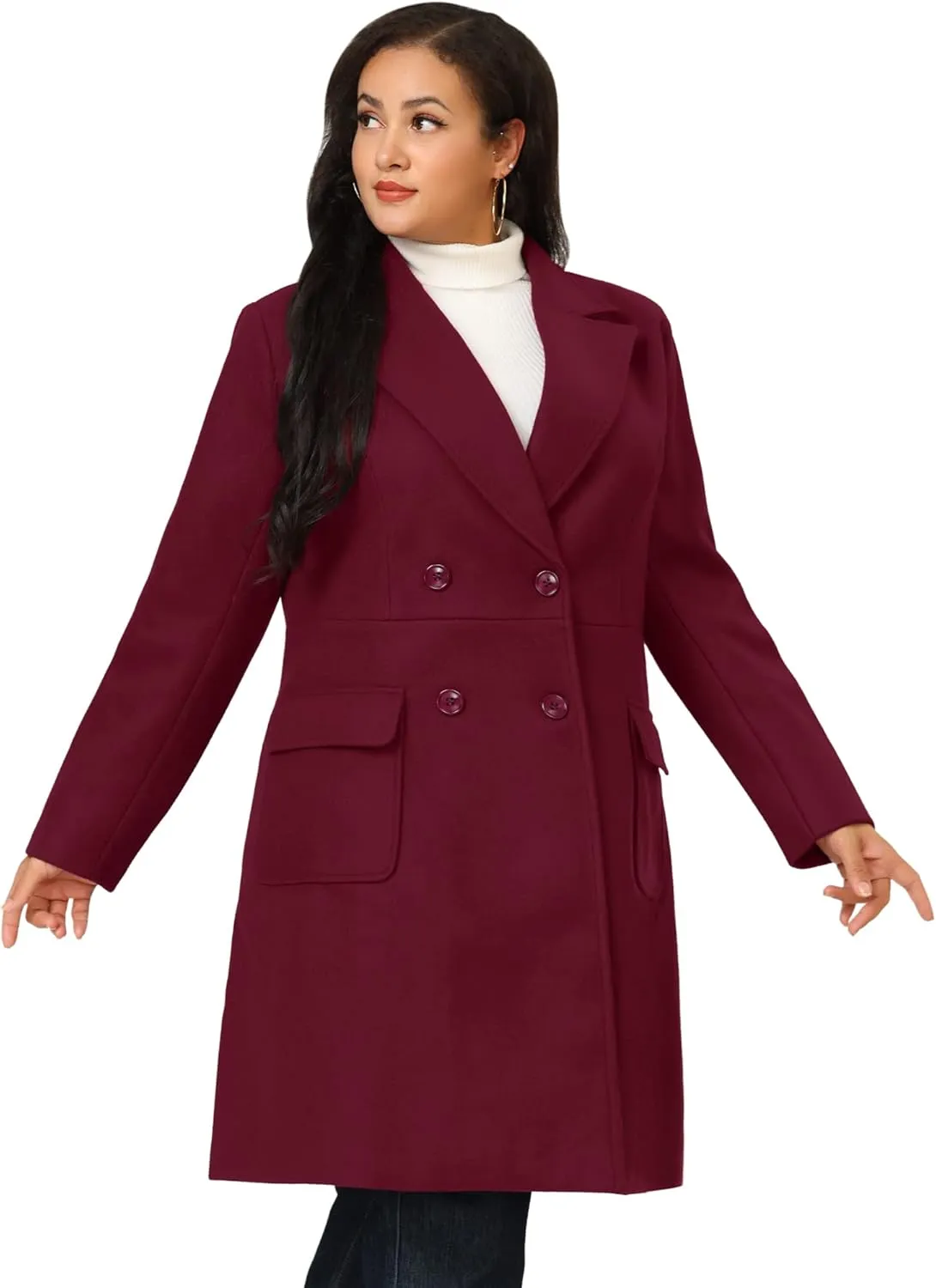 Agnes Orinda Women's Plus Size Long Winter Coats Notch Lapel Double Breasted Pea Trench Coats