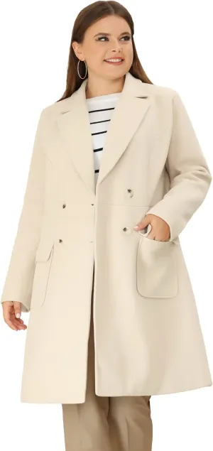 Agnes Orinda Women's Plus Size Long Winter Coats Notch Lapel Double Breasted Pea Trench Coats