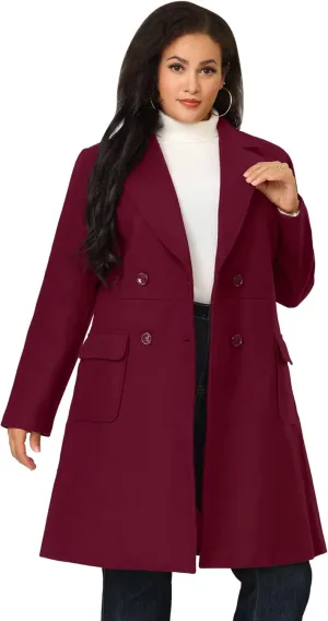 Agnes Orinda Women's Plus Size Long Winter Coats Notch Lapel Double Breasted Pea Trench Coats