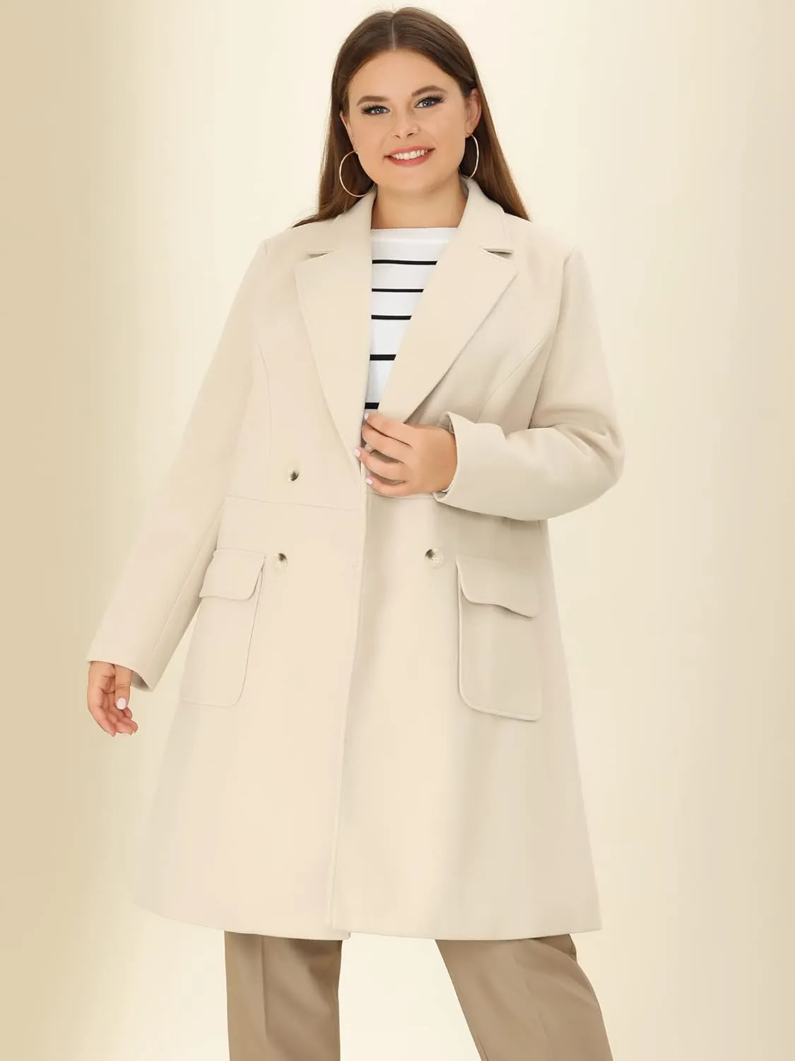 Agnes Orinda Women's Plus Size Long Winter Coats Notch Lapel Double Breasted Pea Trench Coats