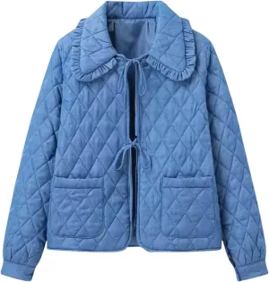 Akklian Women's Cute Bow Tie Front Quilted Jackets Long Sleeve Cropped Cotton Padded Coat Jacket Lightweight Puffy Outwear