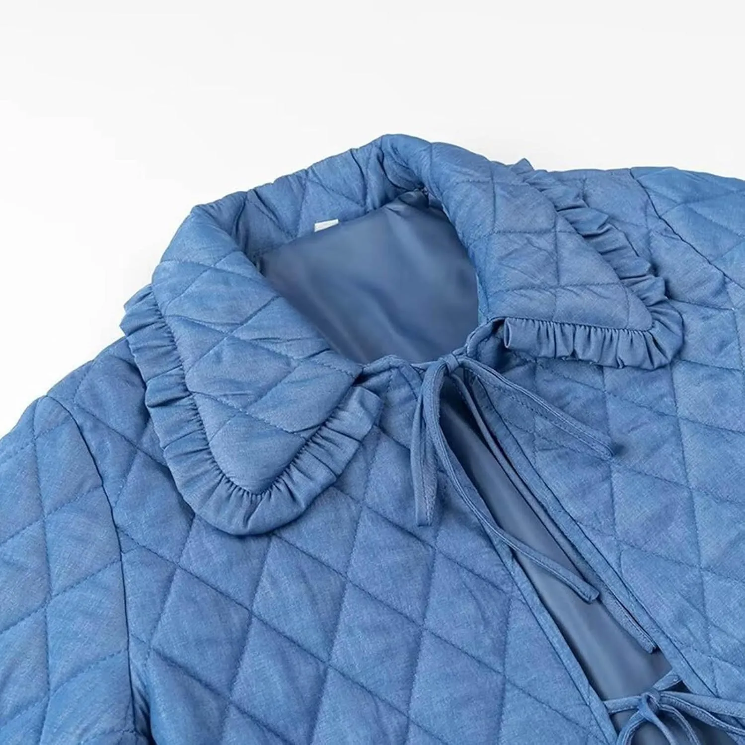 Akklian Women's Cute Bow Tie Front Quilted Jackets Long Sleeve Cropped Cotton Padded Coat Jacket Lightweight Puffy Outwear