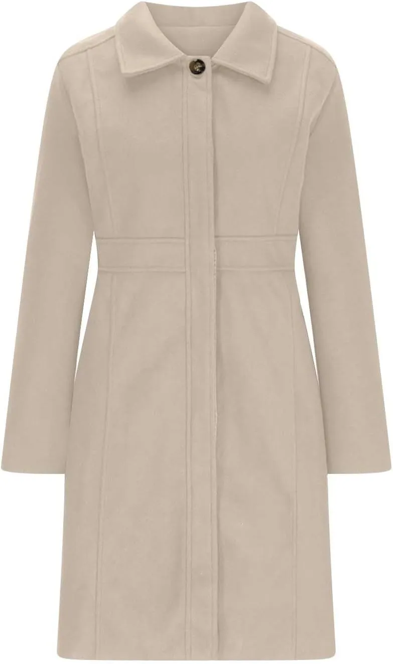Akklian Womens Winter Woolen Outerwear Overcoat Single Breasted Mid-Thigh A-Line Pea Coat Business Office Elegant Trench Coat