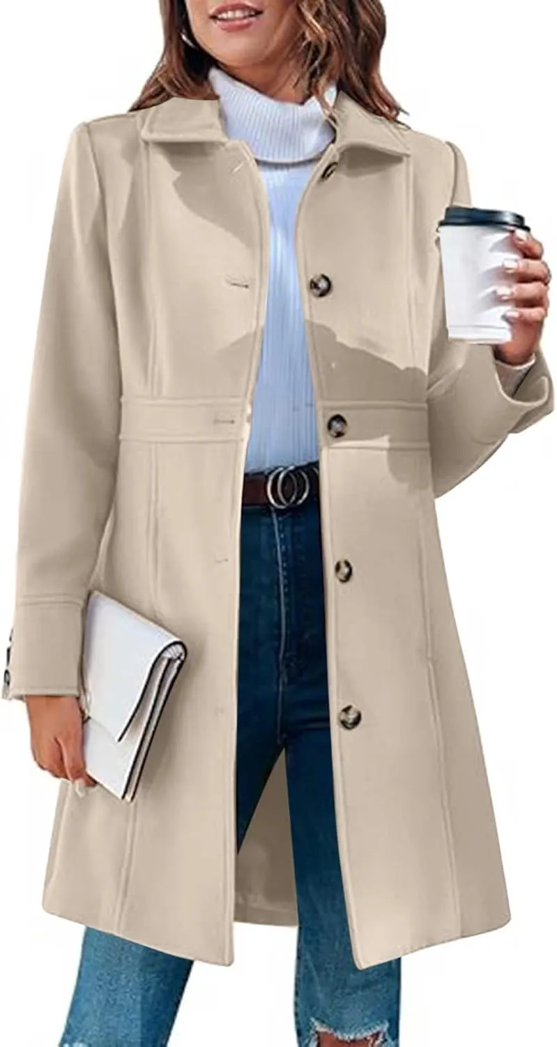 Akklian Womens Winter Woolen Outerwear Overcoat Single Breasted Mid-Thigh A-Line Pea Coat Business Office Elegant Trench Coat