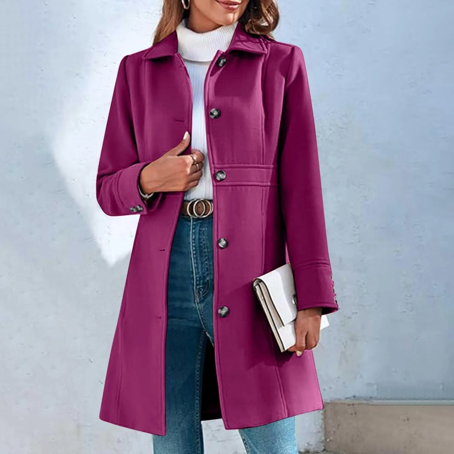 Akklian Womens Winter Woolen Outerwear Overcoat Single Breasted Mid-Thigh A-Line Pea Coat Business Office Elegant Trench Coat