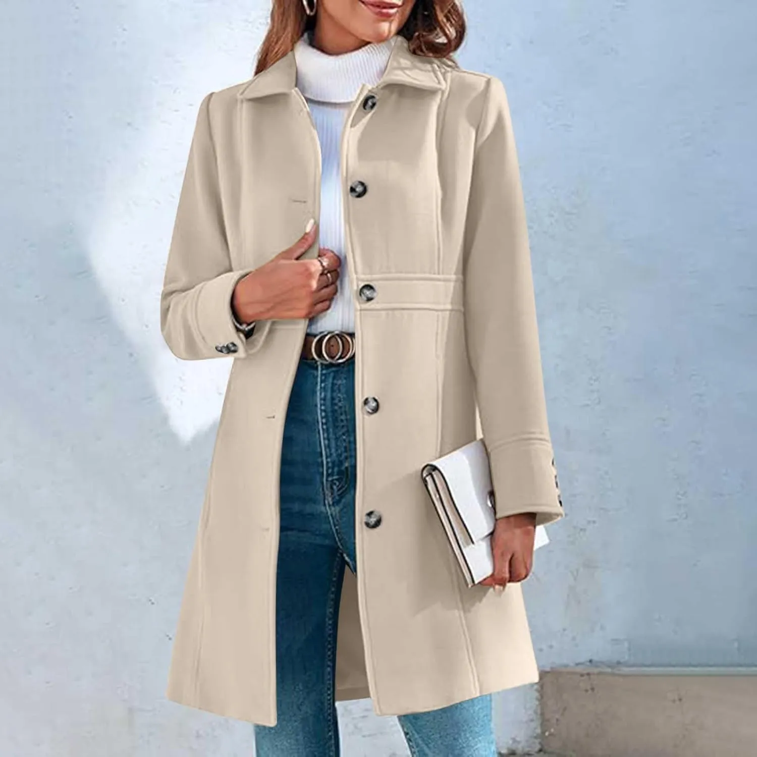 Akklian Womens Winter Woolen Outerwear Overcoat Single Breasted Mid-Thigh A-Line Pea Coat Business Office Elegant Trench Coat