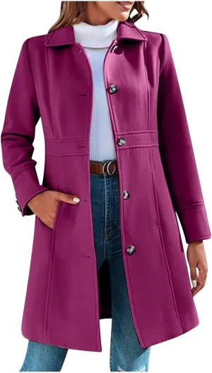 Akklian Womens Winter Woolen Outerwear Overcoat Single Breasted Mid-Thigh A-Line Pea Coat Business Office Elegant Trench Coat