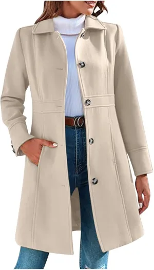 Akklian Womens Winter Woolen Outerwear Overcoat Single Breasted Mid-Thigh A-Line Pea Coat Business Office Elegant Trench Coat