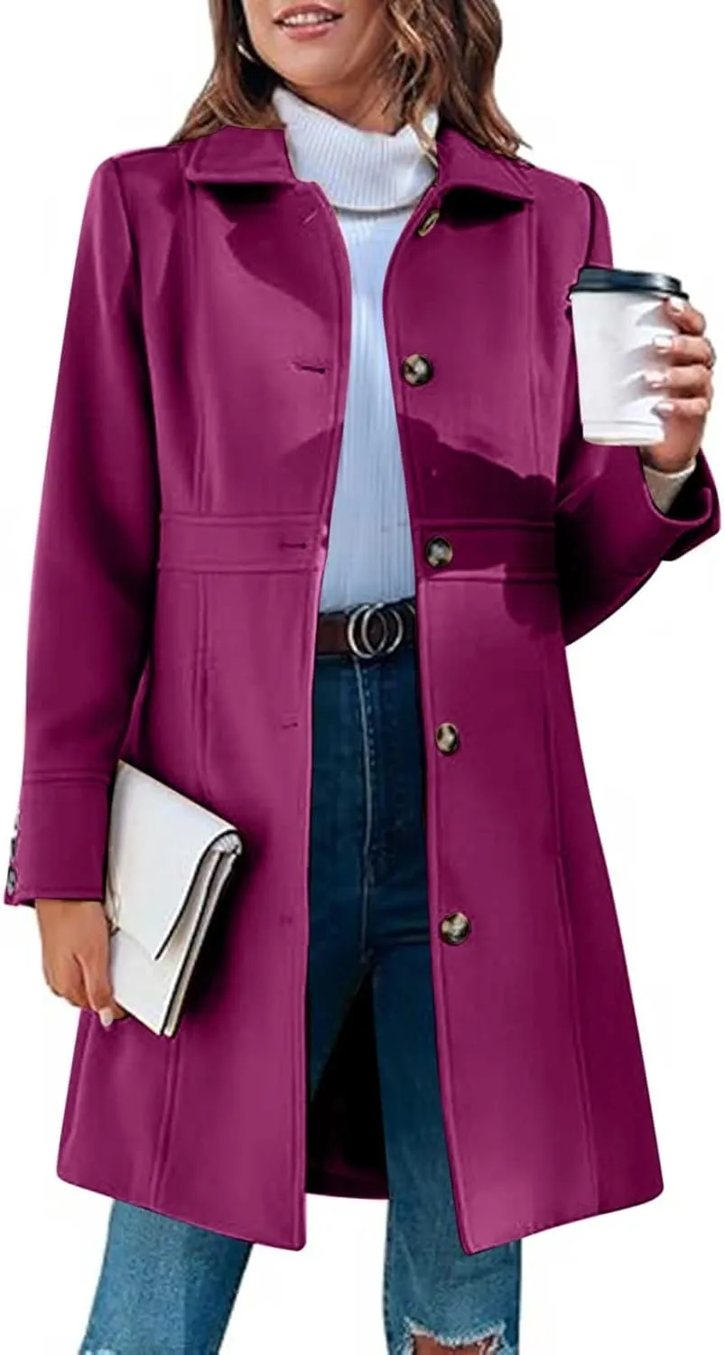 Akklian Womens Winter Woolen Outerwear Overcoat Single Breasted Mid-Thigh A-Line Pea Coat Business Office Elegant Trench Coat