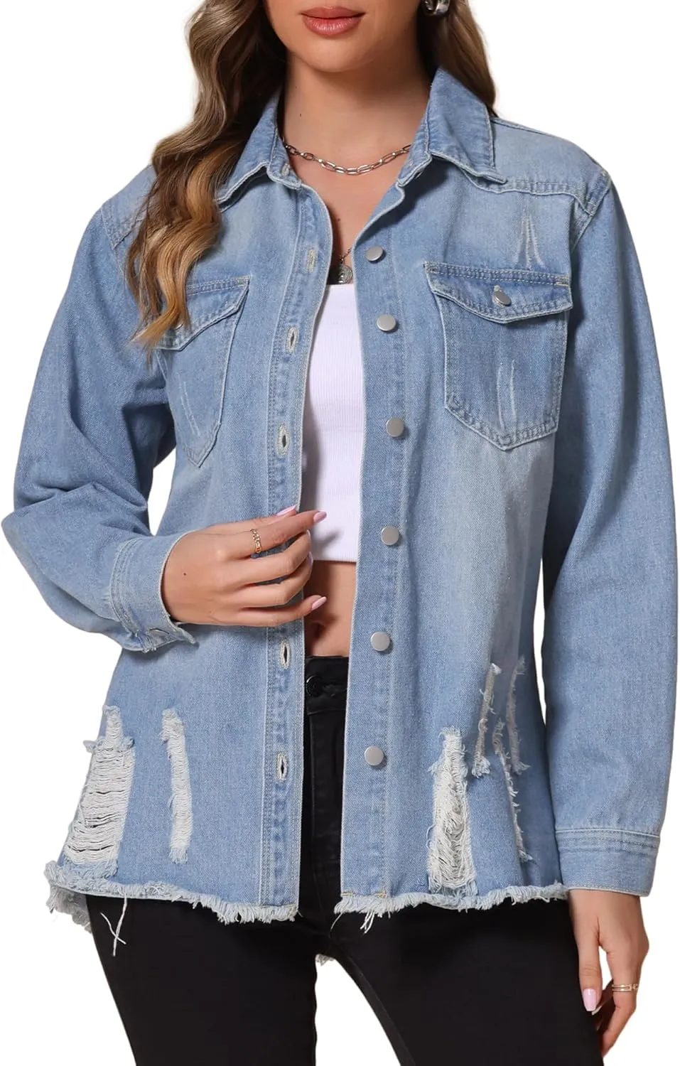 Allegra K Women's Denim Jacket Casual Long Sleeve Frayed Hem 2025 Wash Outfits Ripped Distressed Jean Jackets