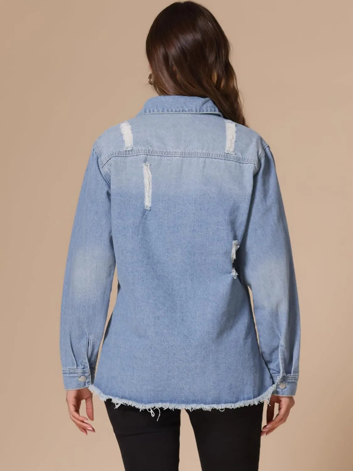 Allegra K Women's Denim Jacket Casual Long Sleeve Frayed Hem 2025 Wash Outfits Ripped Distressed Jean Jackets