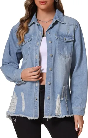 Allegra K Women's Denim Jacket Casual Long Sleeve Frayed Hem 2025 Wash Outfits Ripped Distressed Jean Jackets