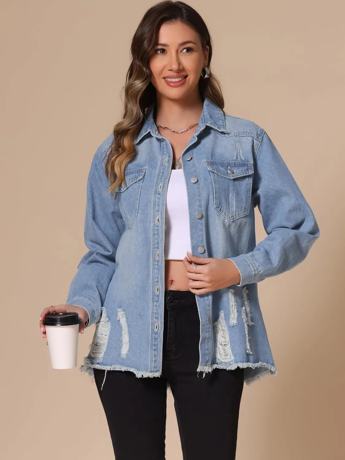 Allegra K Women's Denim Jacket Casual Long Sleeve Frayed Hem 2025 Wash Outfits Ripped Distressed Jean Jackets