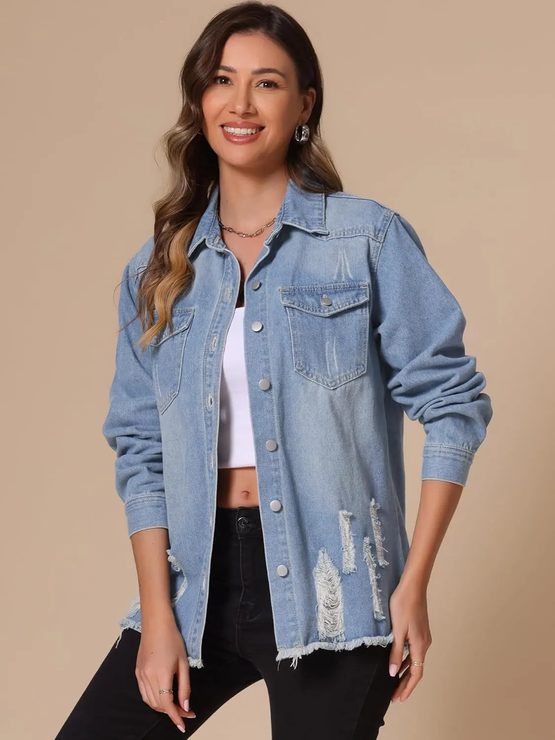 Allegra K Women's Denim Jacket Casual Long Sleeve Frayed Hem 2025 Wash Outfits Ripped Distressed Jean Jackets