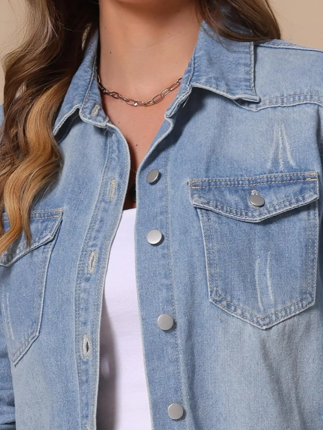 Allegra K Women's Denim Jacket Casual Long Sleeve Frayed Hem 2025 Wash Outfits Ripped Distressed Jean Jackets