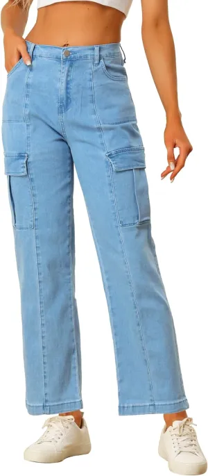 Allegra K Women's High Waist Denim Trouser Casual Distressed Denim Pants Jeans