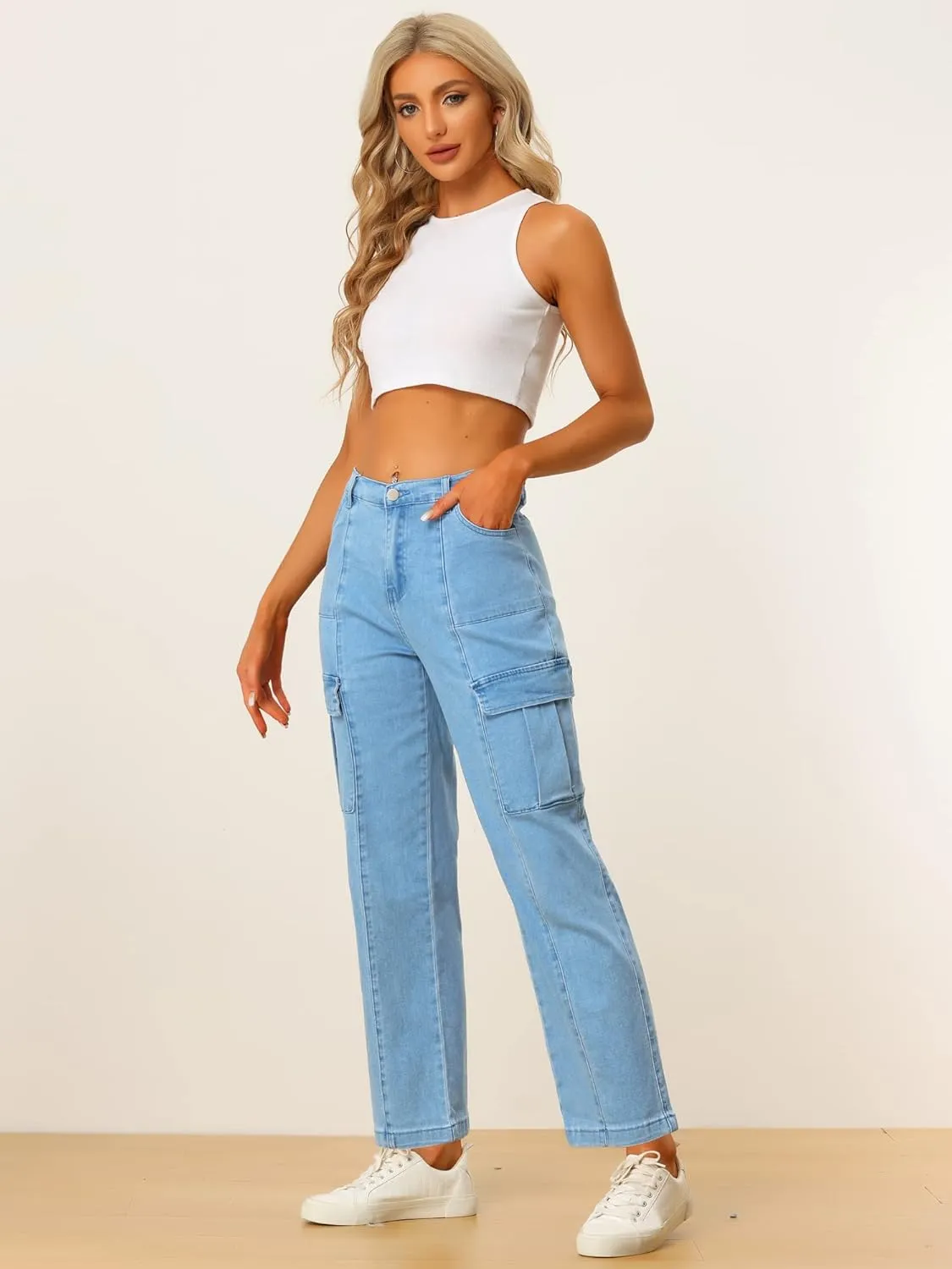 Allegra K Women's High Waist Denim Trouser Casual Distressed Denim Pants Jeans