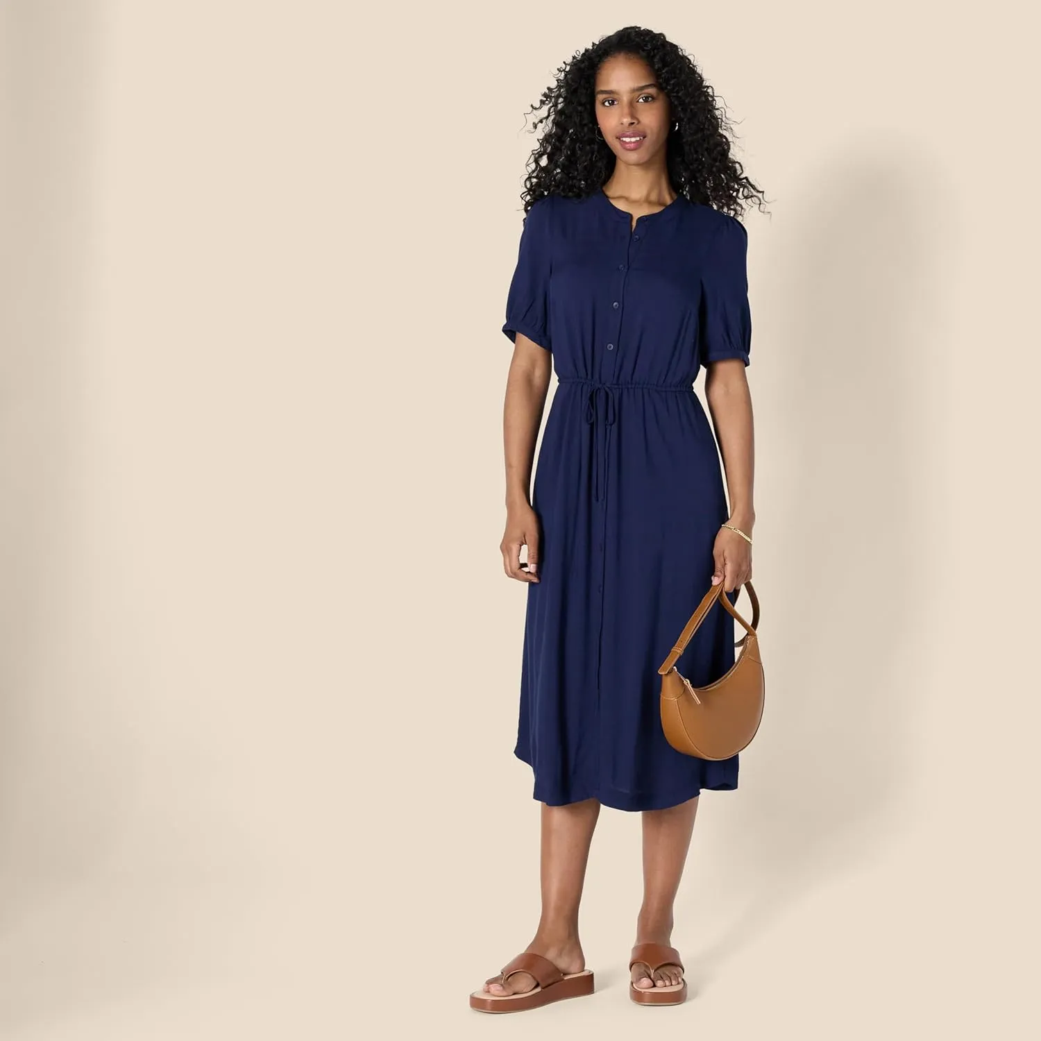 Amazon Essentials Women's Relaxed Fit Half-Sleeve Waisted Midi A-Line Dress