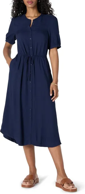 Amazon Essentials Women's Relaxed Fit Half-Sleeve Waisted Midi A-Line Dress