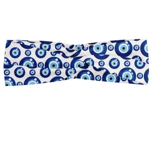 Ambesonne Evil Eye Headband, Symmetrical Pattern All Seeing Eye Superstitious Turkish Ethnic, Elastic and Soft Women's Bandana for Sports and Everyday Use, Blue White