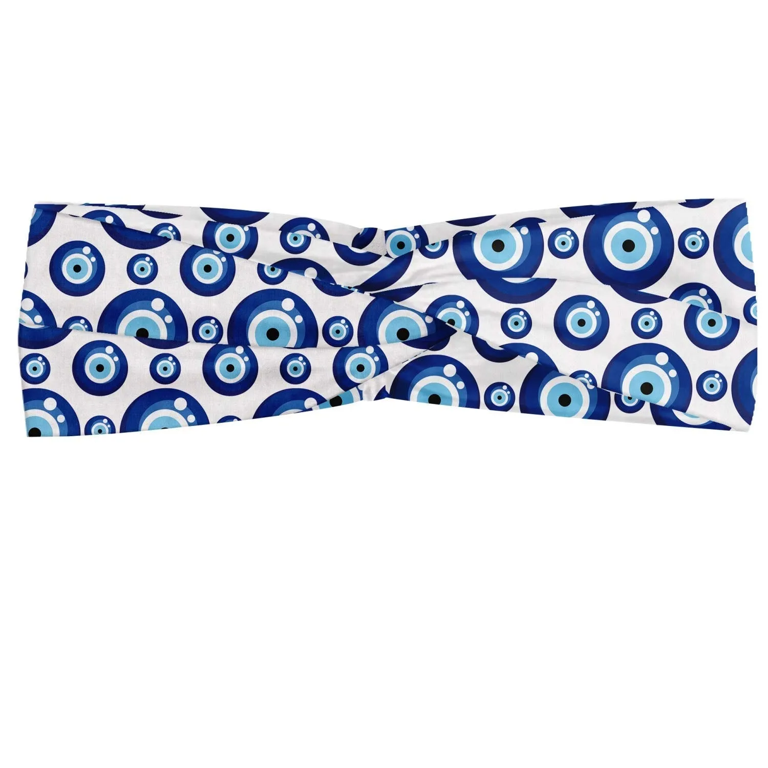 Ambesonne Evil Eye Headband, Symmetrical Pattern All Seeing Eye Superstitious Turkish Ethnic, Elastic and Soft Women's Bandana for Sports and Everyday Use, Blue White