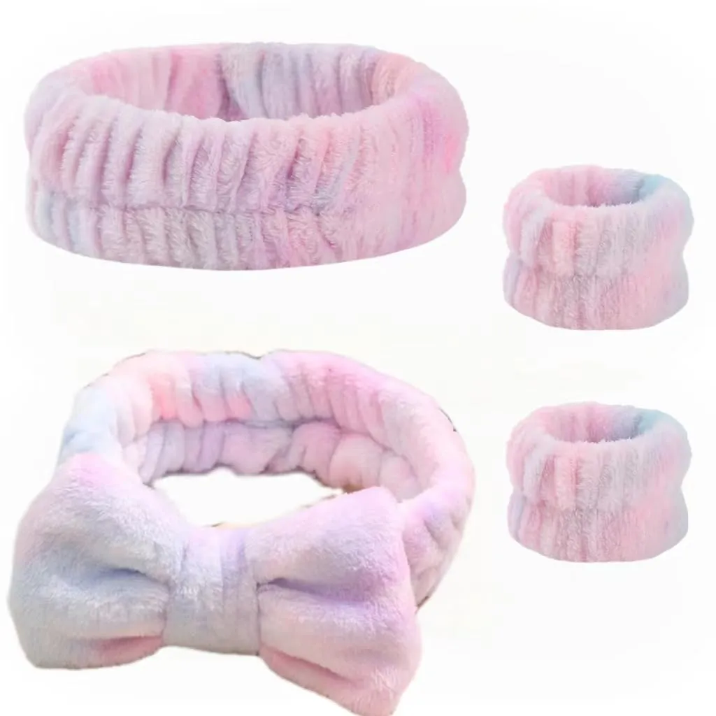 Ancaedhy 4 Pieces Face Wash Headband and Wristband Set, Spa Headband and wrist washband set for washing face, Skincare headband and wristband set, Macaron Pink Spa headband