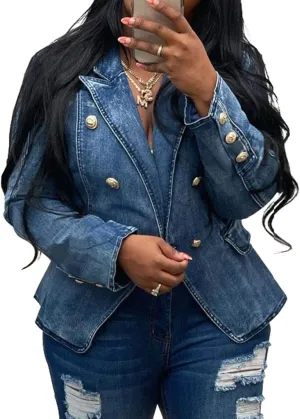 Angsuttc Blazers for Women Business Casual Denim Long Sleeves Lapel Double Breasted Jacket