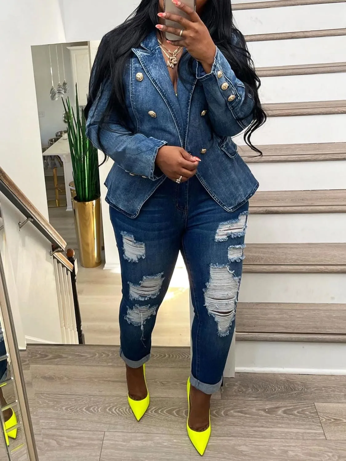 Angsuttc Blazers for Women Business Casual Denim Long Sleeves Lapel Double Breasted Jacket