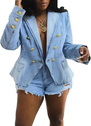 Angsuttc Blazers for Women Business Casual Denim Long Sleeves Lapel Double Breasted Jacket