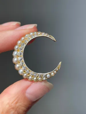 Antique Late Victorian Diamond and Pearl Crescent Moon Brooch