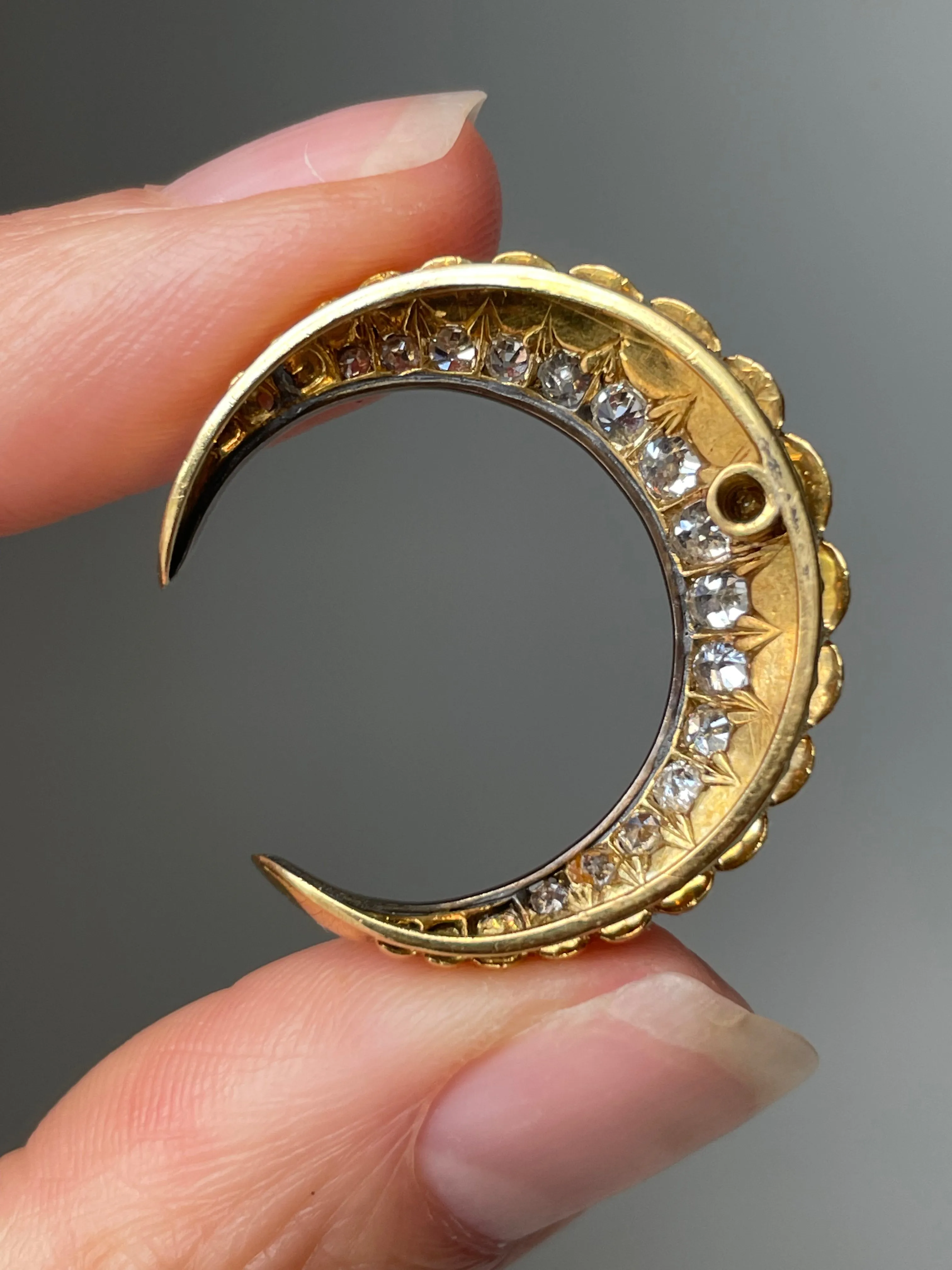 Antique Late Victorian Diamond and Pearl Crescent Moon Brooch