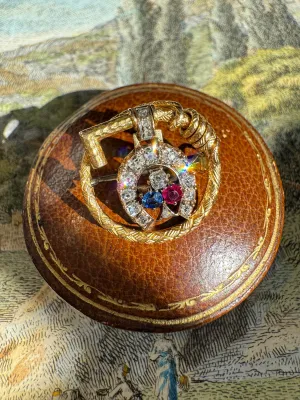 Antique Late Victorian Ruby, Diamond and Emerald Equestrian Brooch with Riding Crop and Horseshoe