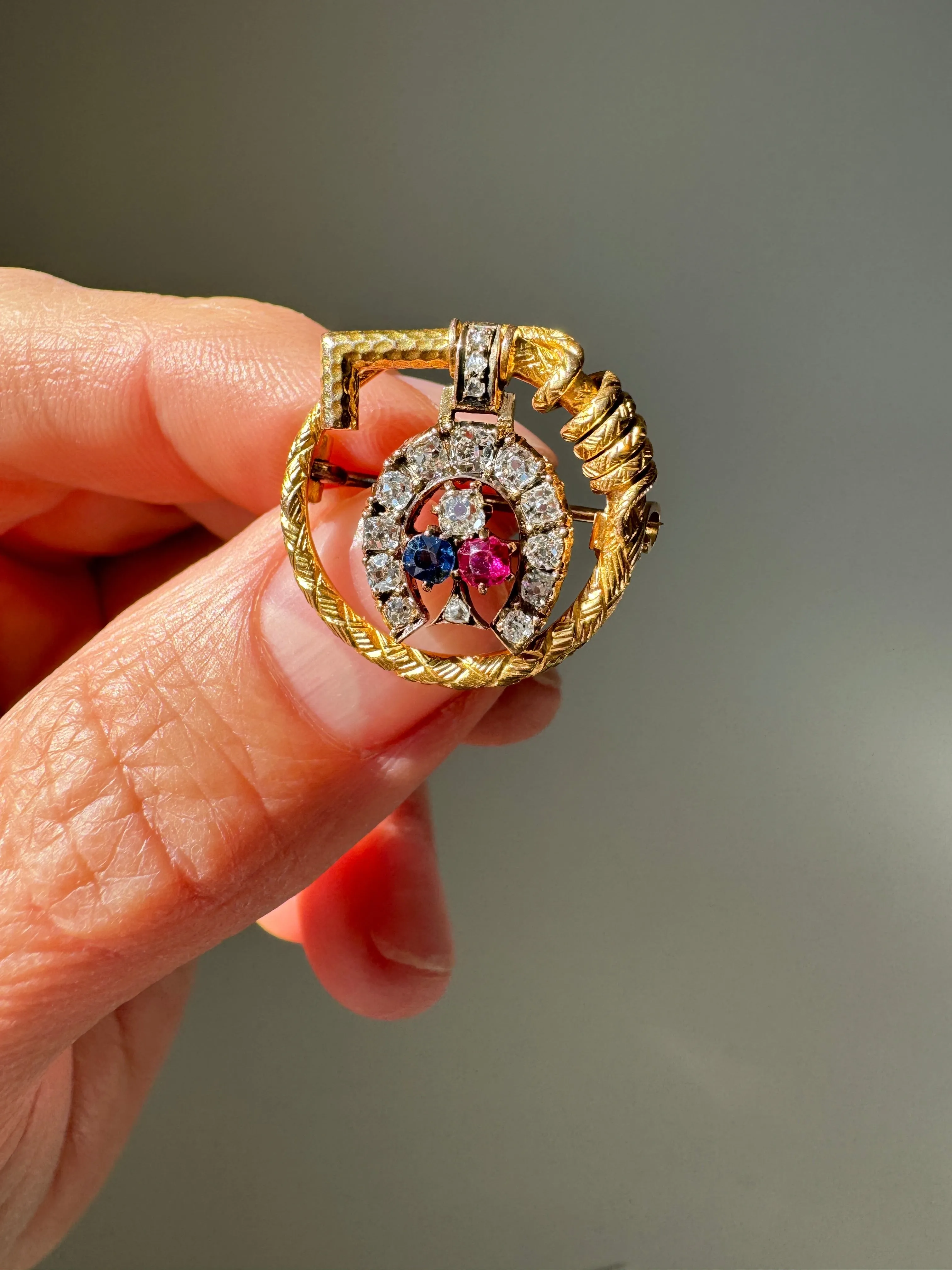 Antique Late Victorian Ruby, Diamond and Emerald Equestrian Brooch with Riding Crop and Horseshoe
