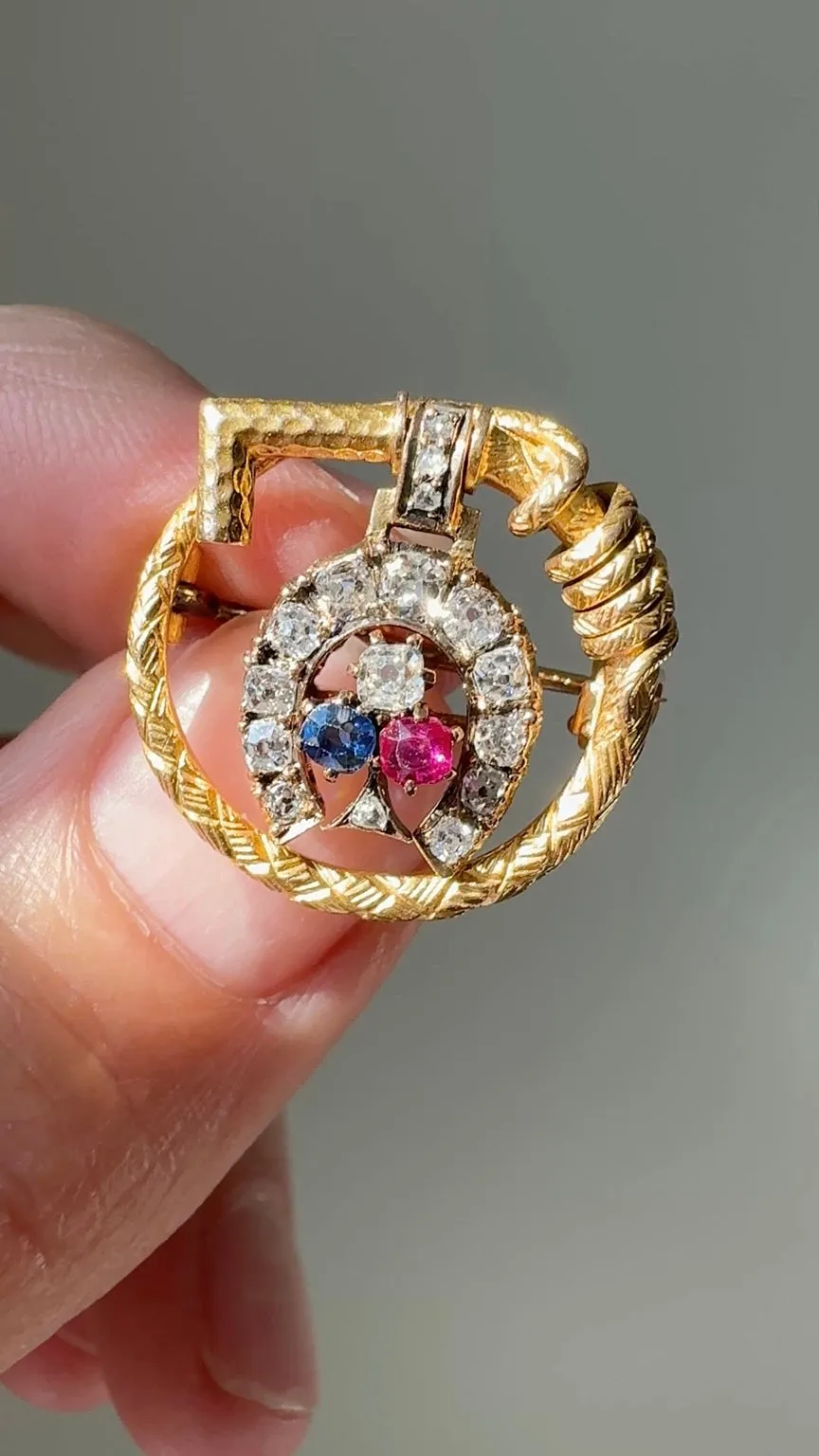 Antique Late Victorian Ruby, Diamond and Emerald Equestrian Brooch with Riding Crop and Horseshoe