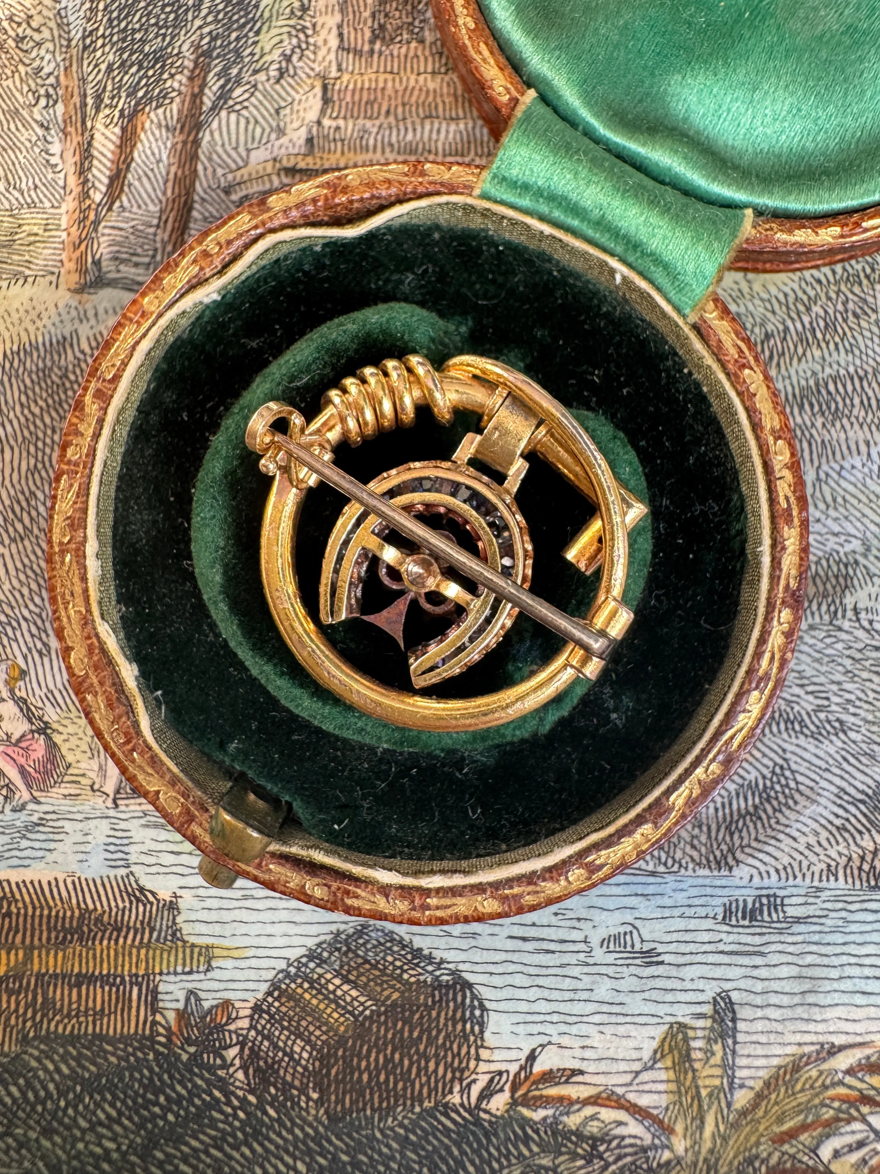 Antique Late Victorian Ruby, Diamond and Emerald Equestrian Brooch with Riding Crop and Horseshoe
