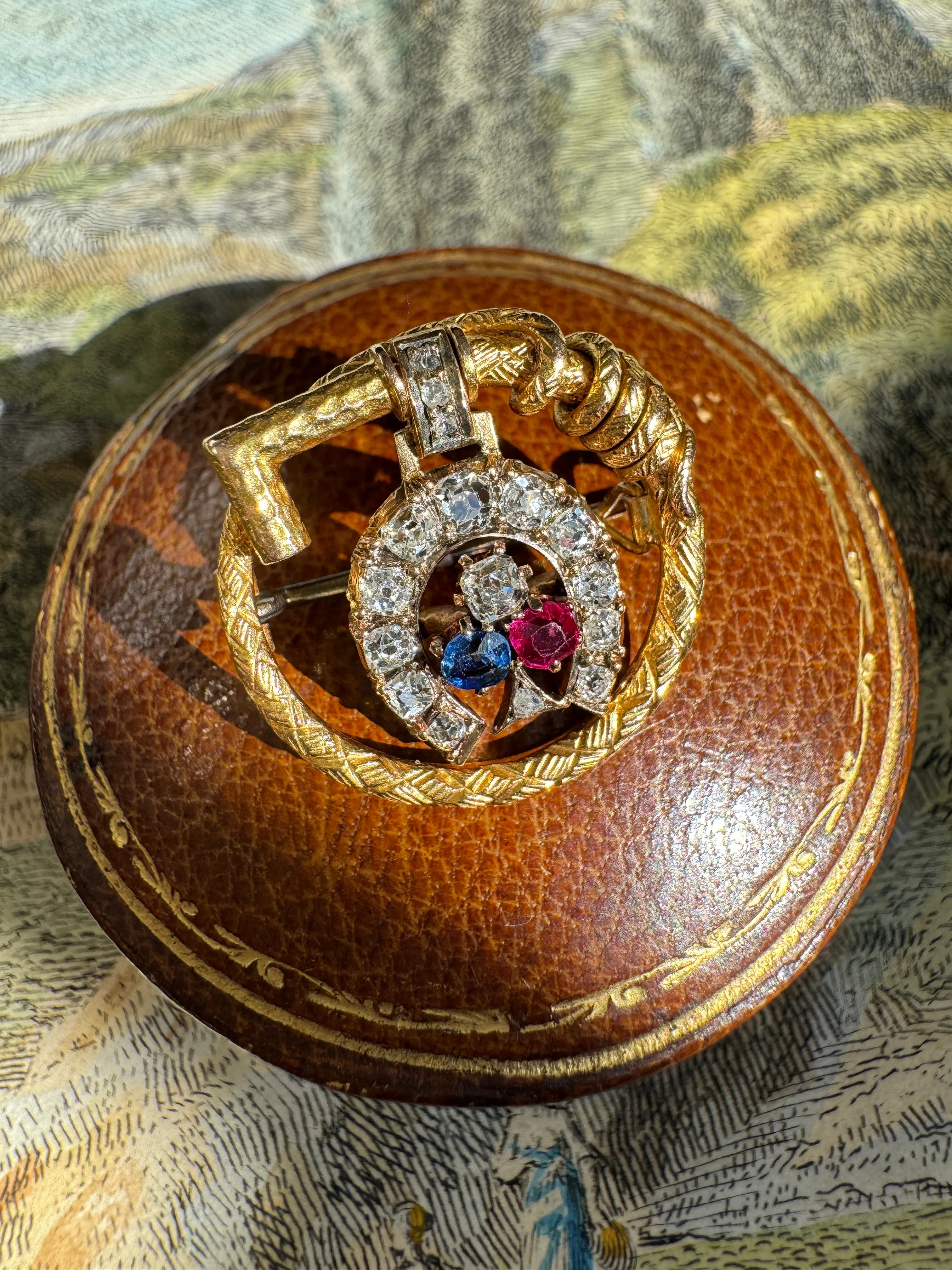 Antique Late Victorian Ruby, Diamond and Emerald Equestrian Brooch with Riding Crop and Horseshoe
